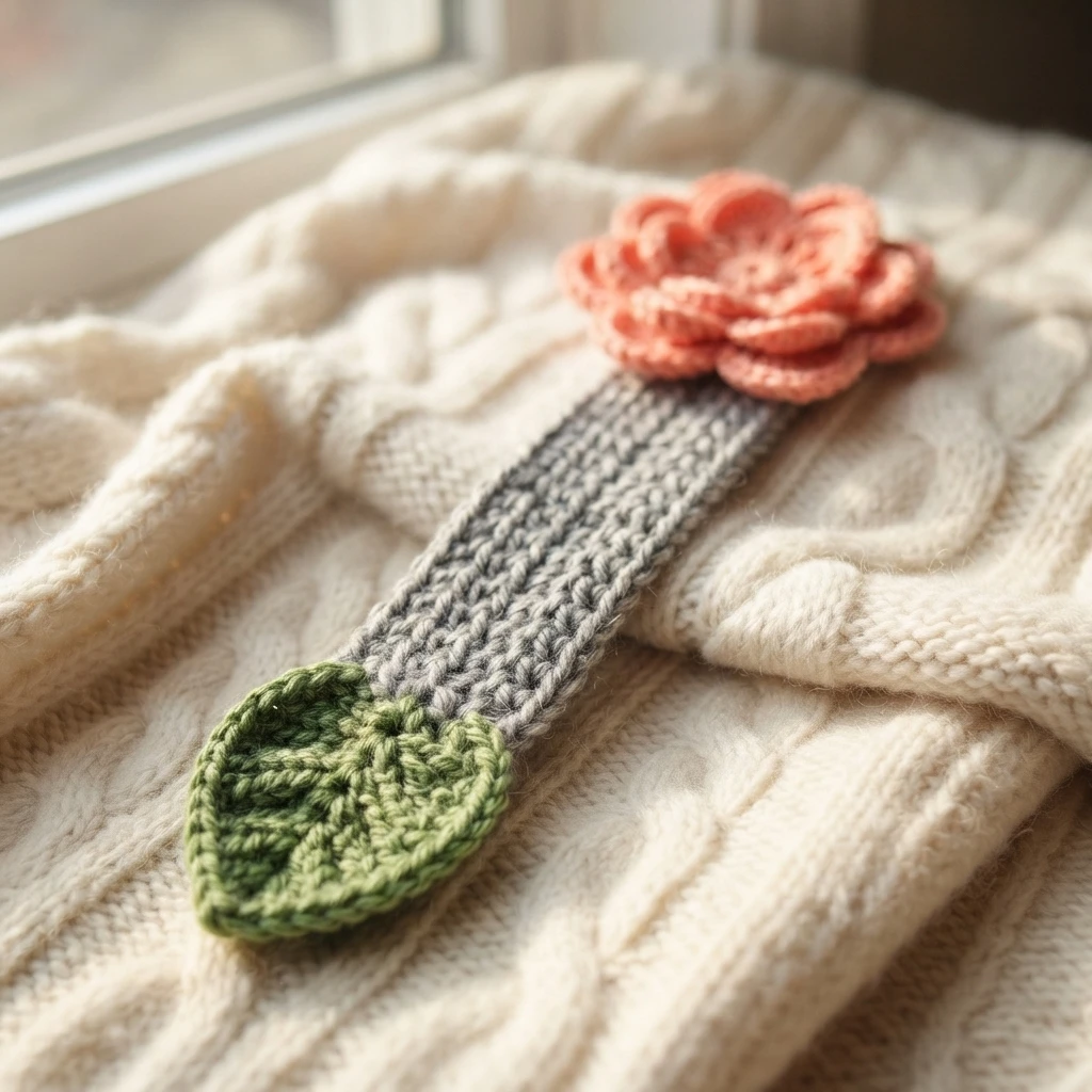 A finished crochet bookmark with a coral flower at the top, a long grey textured band, and a green crocheted leaf at the bottom, resting on a cream knitted blanket near a window.