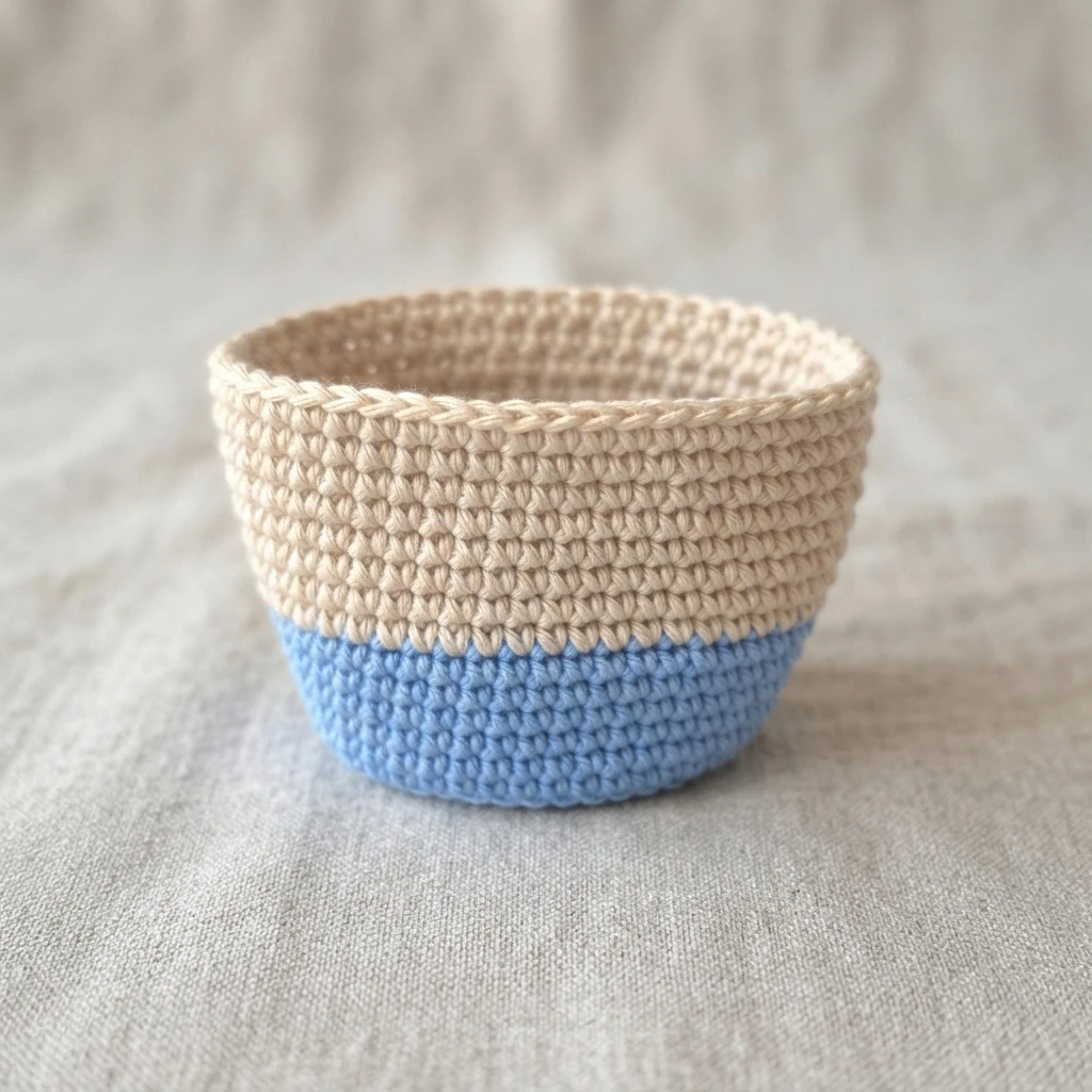 Crocheted mini tote bag body in beige with a sky blue base, shown upright on a linen fabric background.