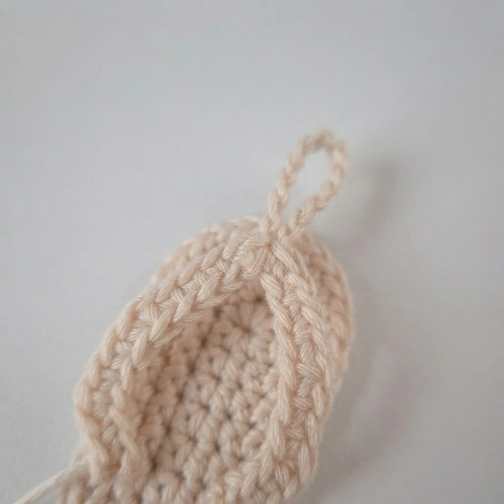 Close-up of a beige crochet flip flop with a Y-shaped beige strap joined at the top and attached to the sole.