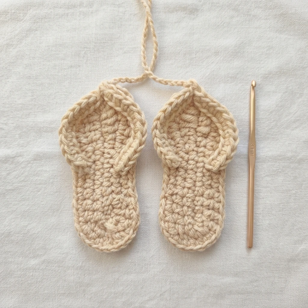 Pair of small beige crochet flip flops with a hanging loop beside a gold crochet hook on white fabric