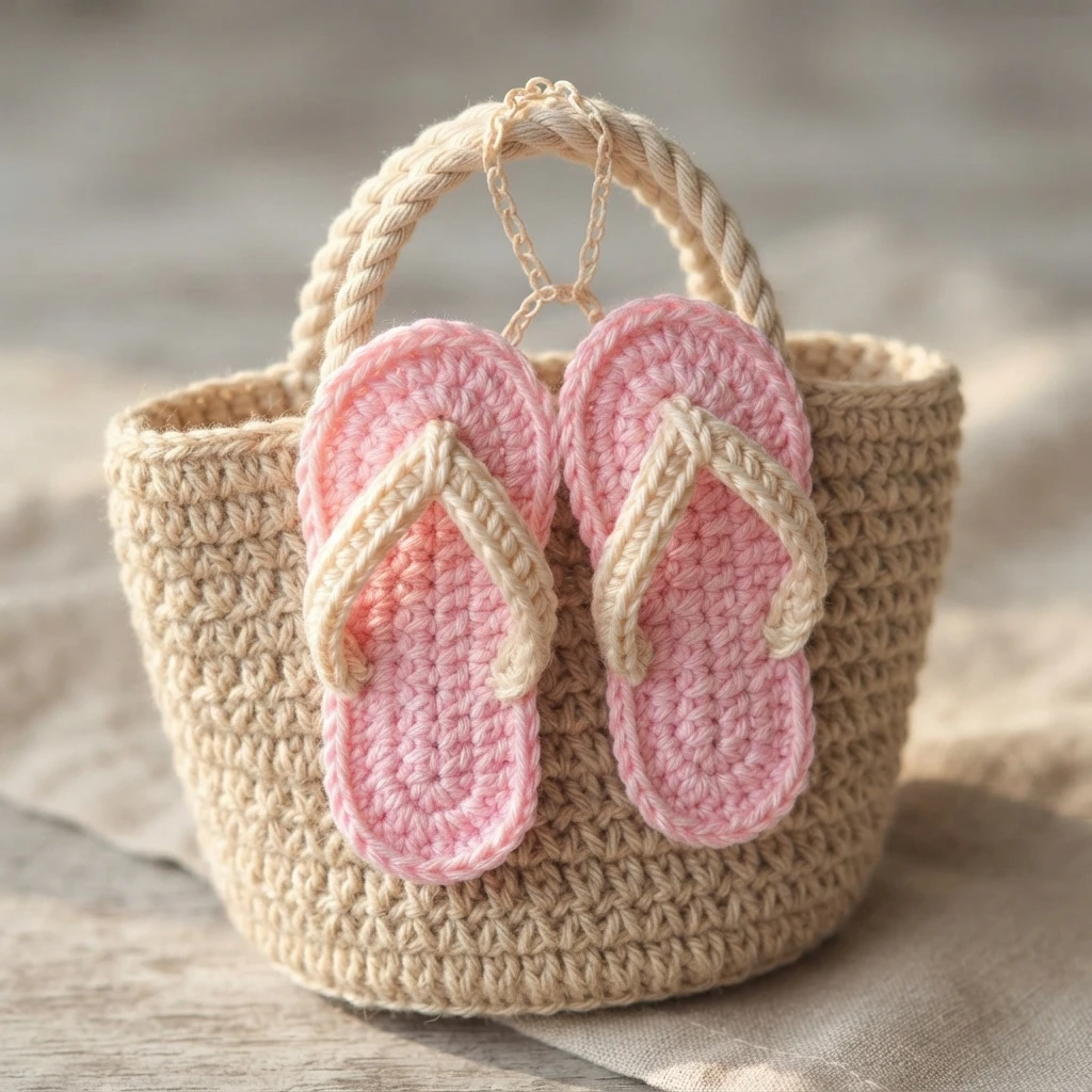 Two small pink crochet flip-flops with beige Y-shaped straps hanging on the front of a beige crochet tote bag with beige handles.