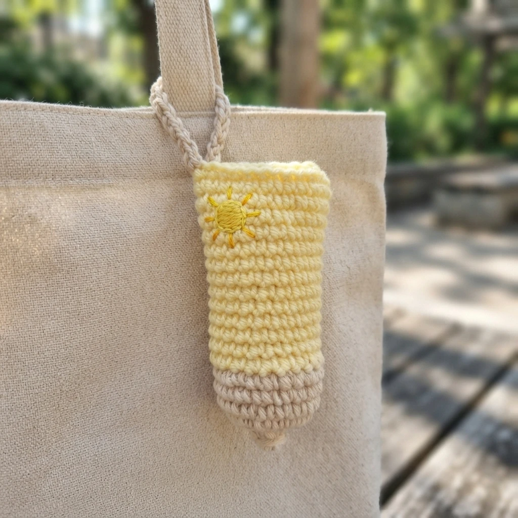 Yellow and beige crochet sunscreen bottle charm with embroidered sun hanging from a beige tote bag handle outdoors.