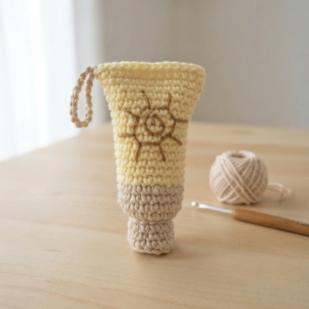 A crocheted yellow sunscreen bottle charm with a brown embroidered sun and beige hanging loop, standing on a wooden table beside a ball of beige yarn and a crochet hook.
