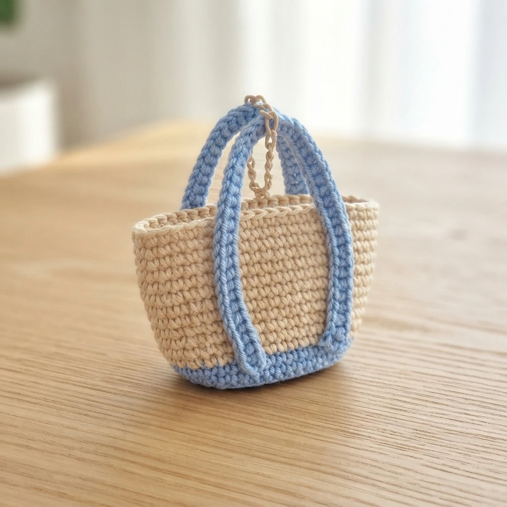Small crocheted beach bag with a beige body, blue base, two blue handles and a beige hanging loop, placed on a wooden table.
