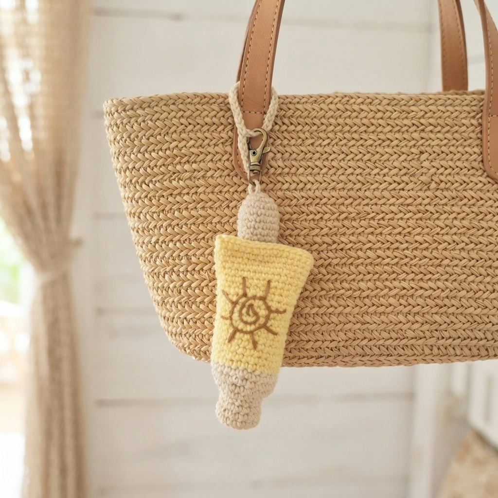 Crochet sunscreen bottle charm in yellow and beige yarn with an embroidered sun motif, hanging from a straw tote bag