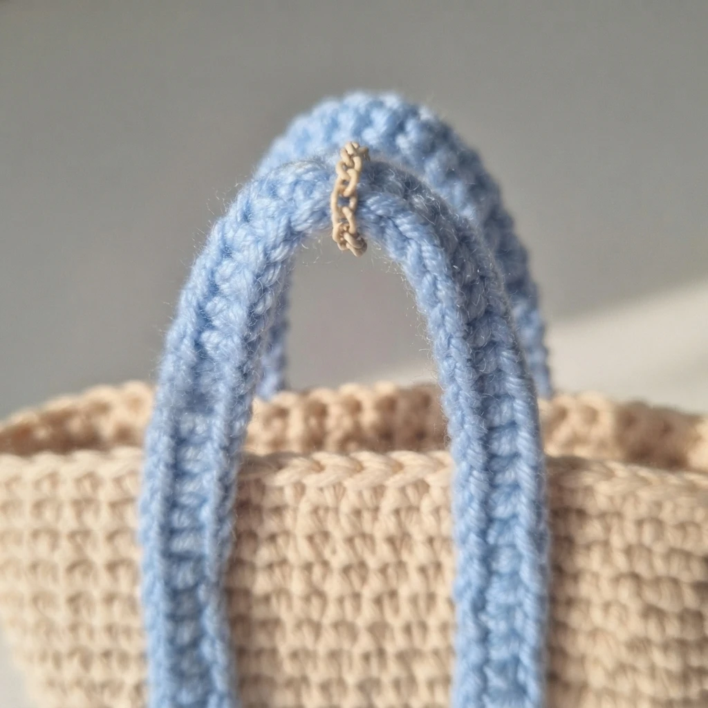 Close-up of a small crocheted beige beach bag with two sky blue handles and a small beige hanging loop on the front handle