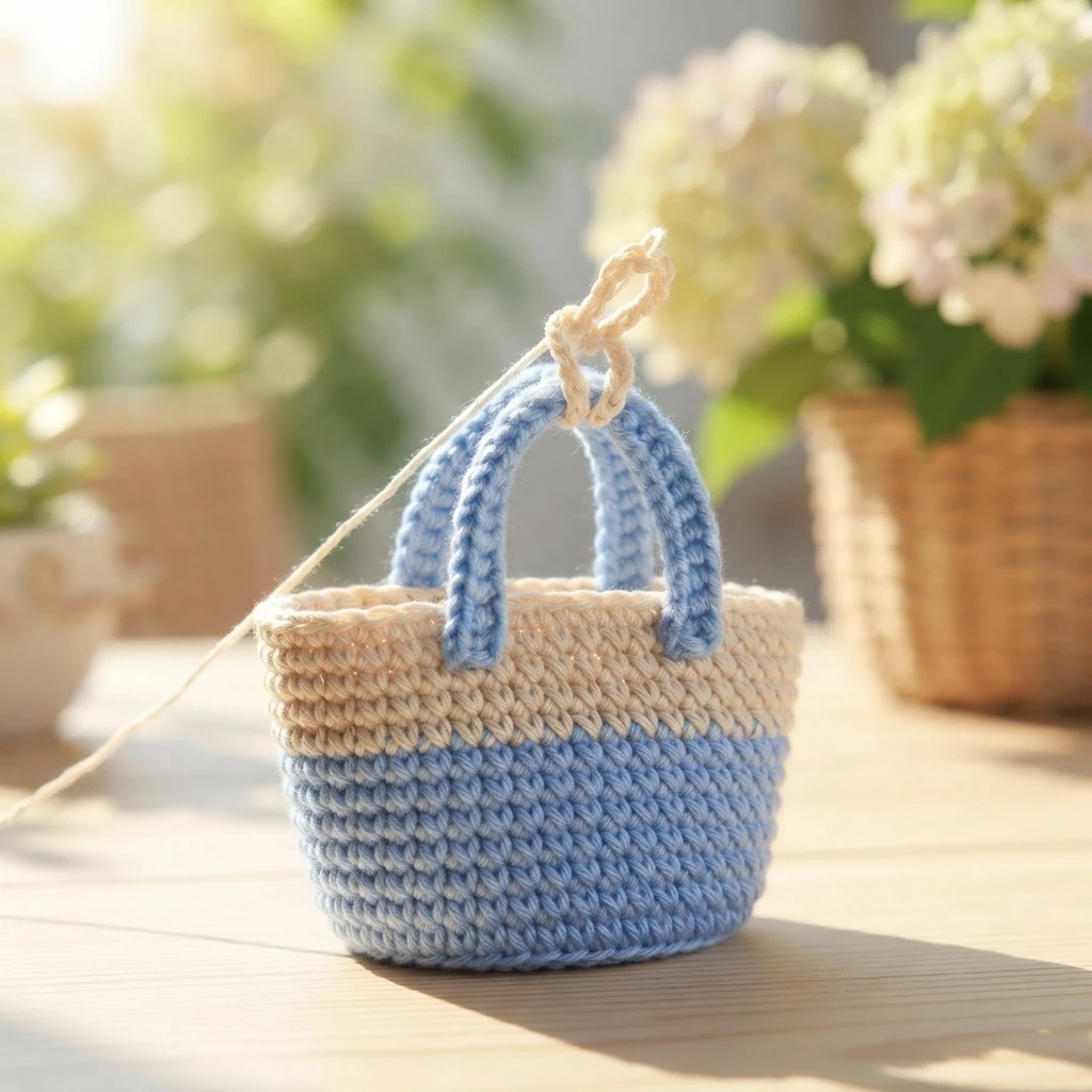 Miniature crochet beach bag with beige upper part, blue lower part and blue handles, with a beige hanging loop knotted at the top, on a wooden table