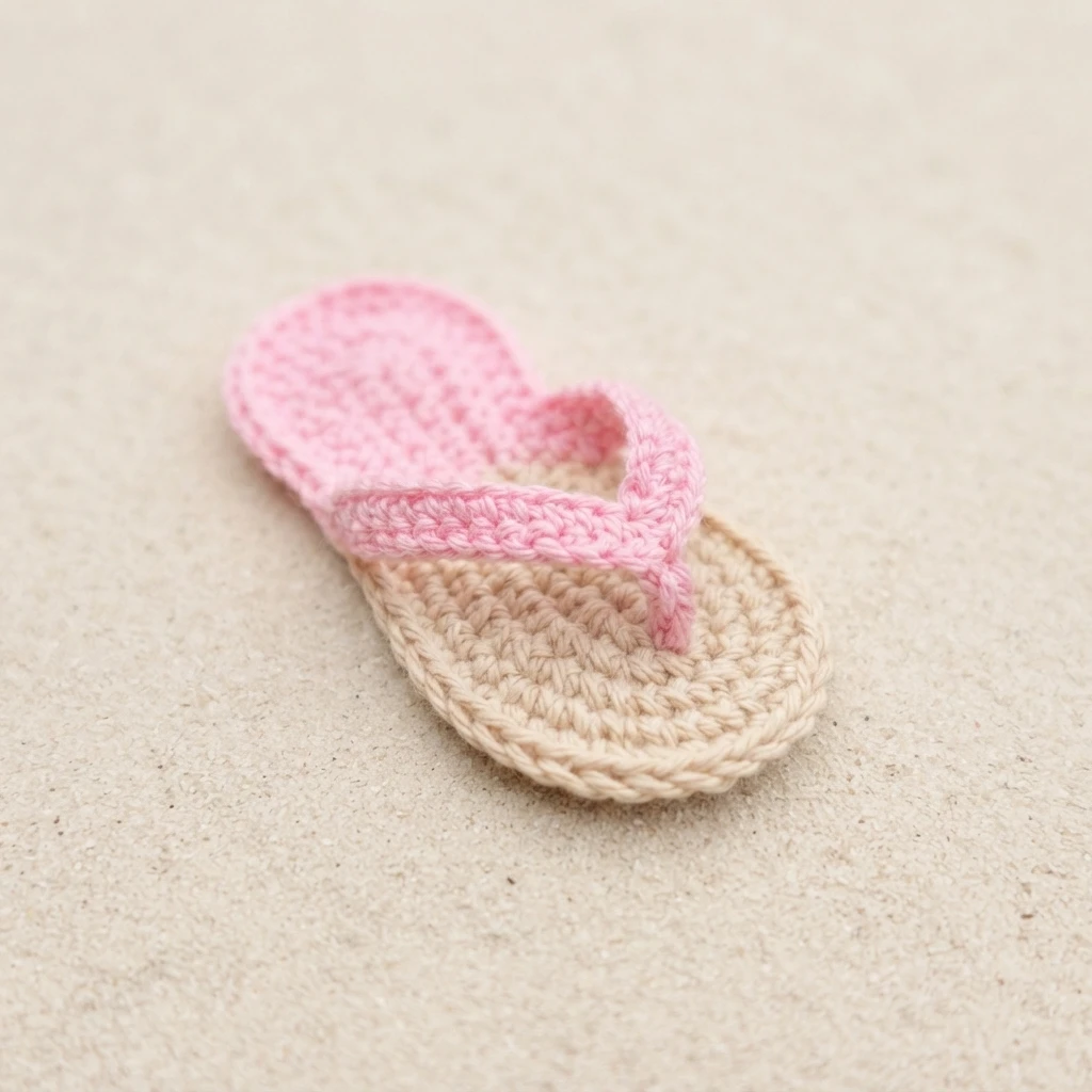 A single crocheted flip flop with a pink heel section, beige toe section and pink strap lying on light sand