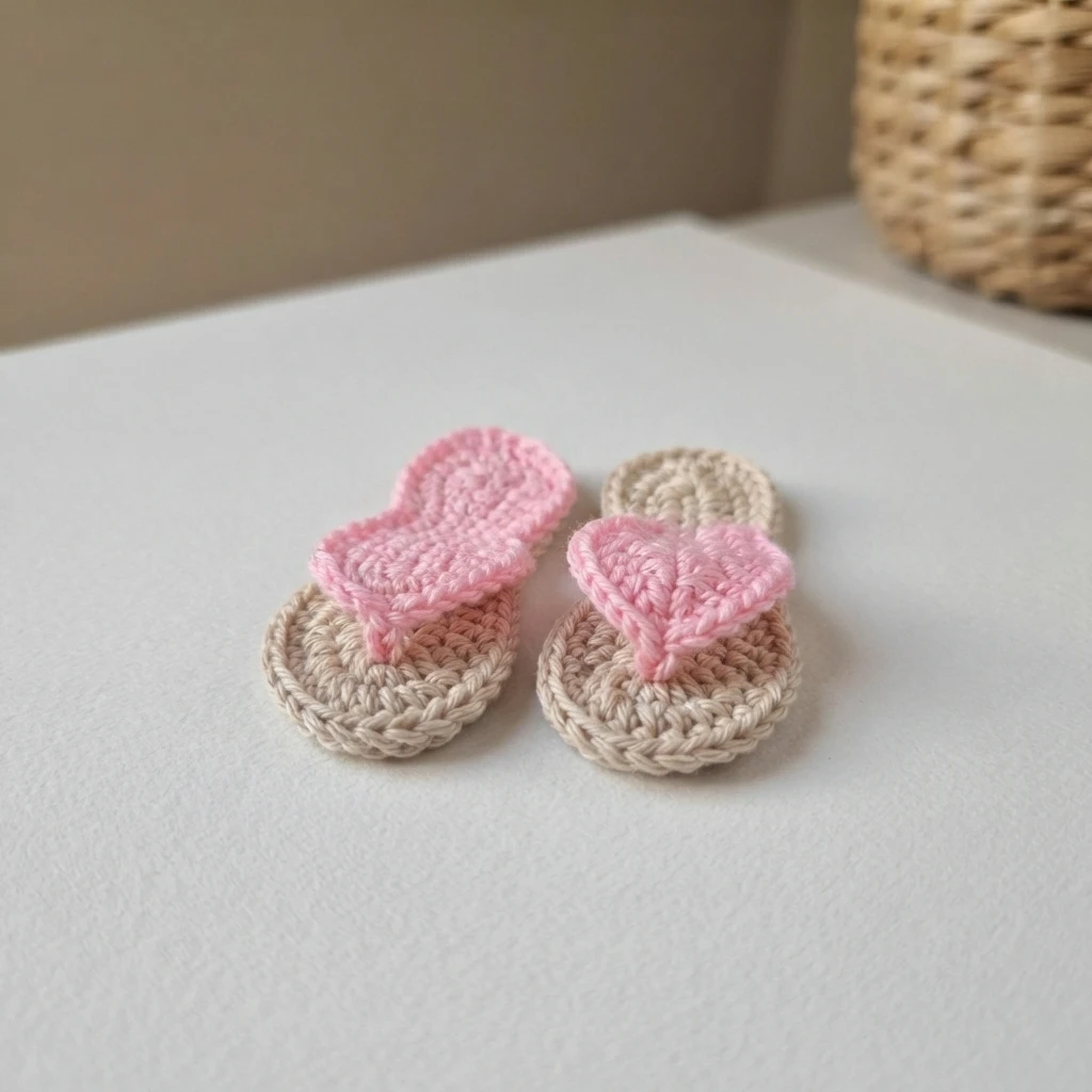 Two tiny crochet flip flops with beige soles and pink heart-shaped straps resting on a white surface.