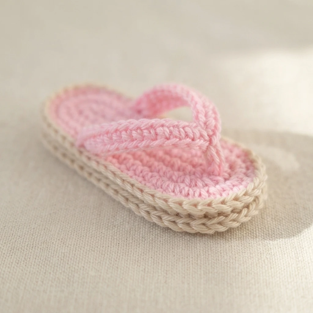 Miniature pink crochet flip flop with beige sole edge and pink toe straps resting on light beige fabric