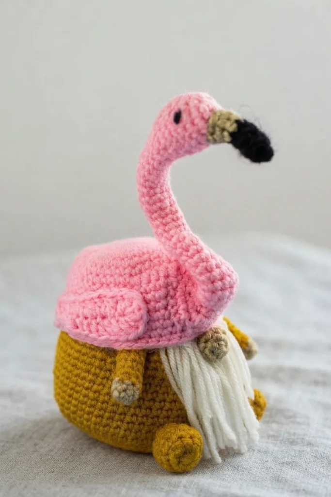 Crochet flamingo gnome with a pink flamingo-shaped hat, black and cream beak, mustard yellow body, white yarn beard and beige nose, seated on light textured fabric