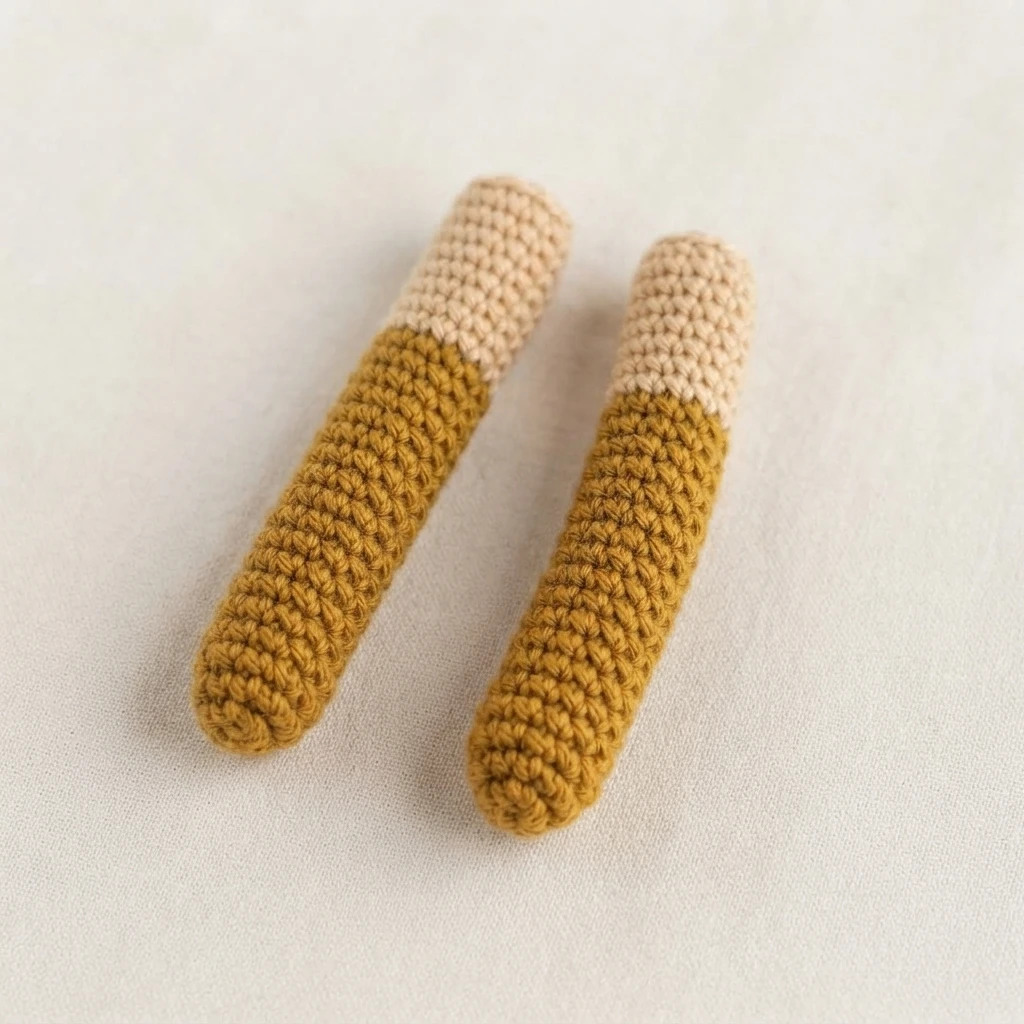 Two crocheted arm pieces side by side, each with a light beige upper section and a mustard gold lower section, resting on a pale fabric background.
