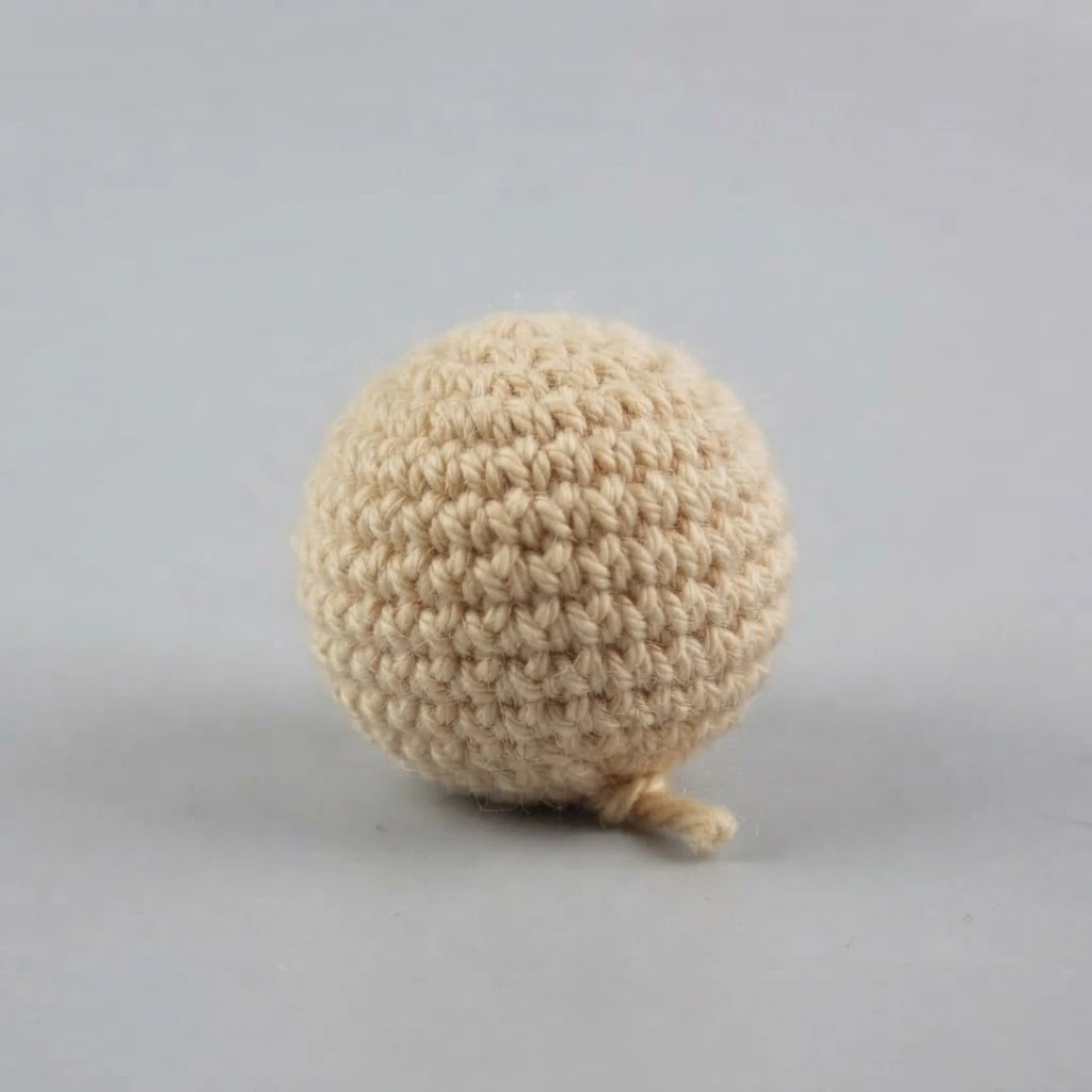Beige crocheted ball shaped like a gnome nose, with a short yarn tail at the bottom, resting on a plain light gray surface.
