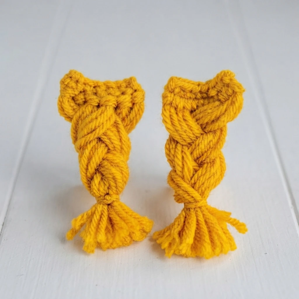 Two yellow braided yarn pieces with fringed ends lying side by side on a white wooden surface