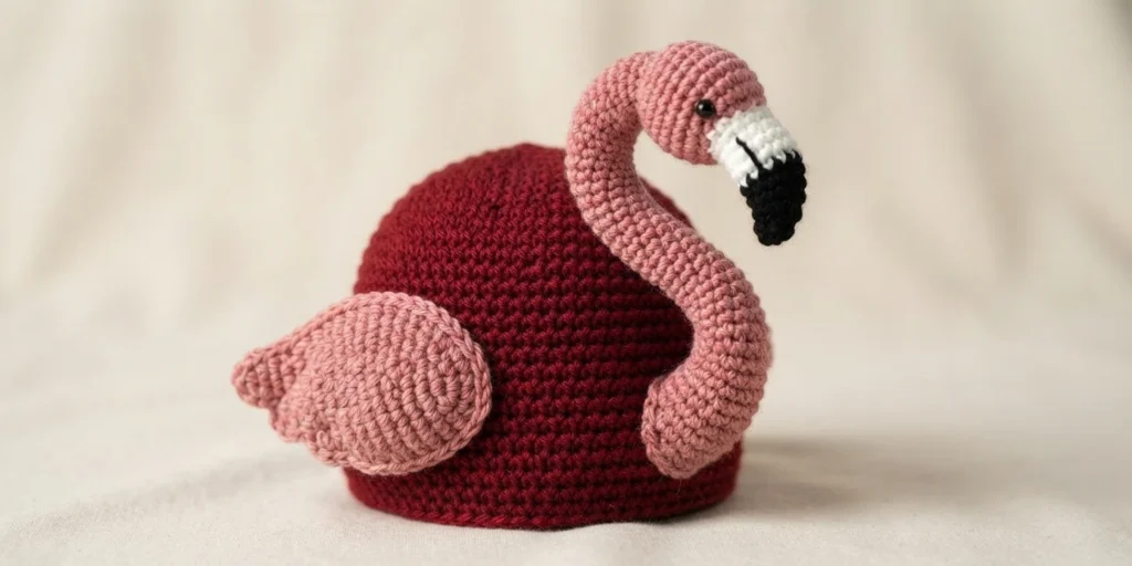 Crochet flamingo hat piece with a dark red rounded body, a pink neck curved into an S shape, a pink textured side wing and a black beak with a white base, resting on a plain cream background.