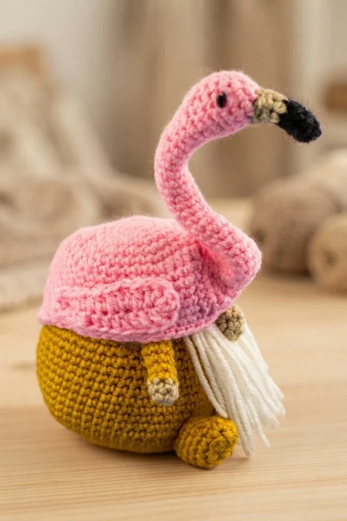 Finished crocheted gnome with a pink flamingo hat, mustard yellow body, long white yarn beard, beige nose and a black-tipped beak, photographed on a light wooden surface.