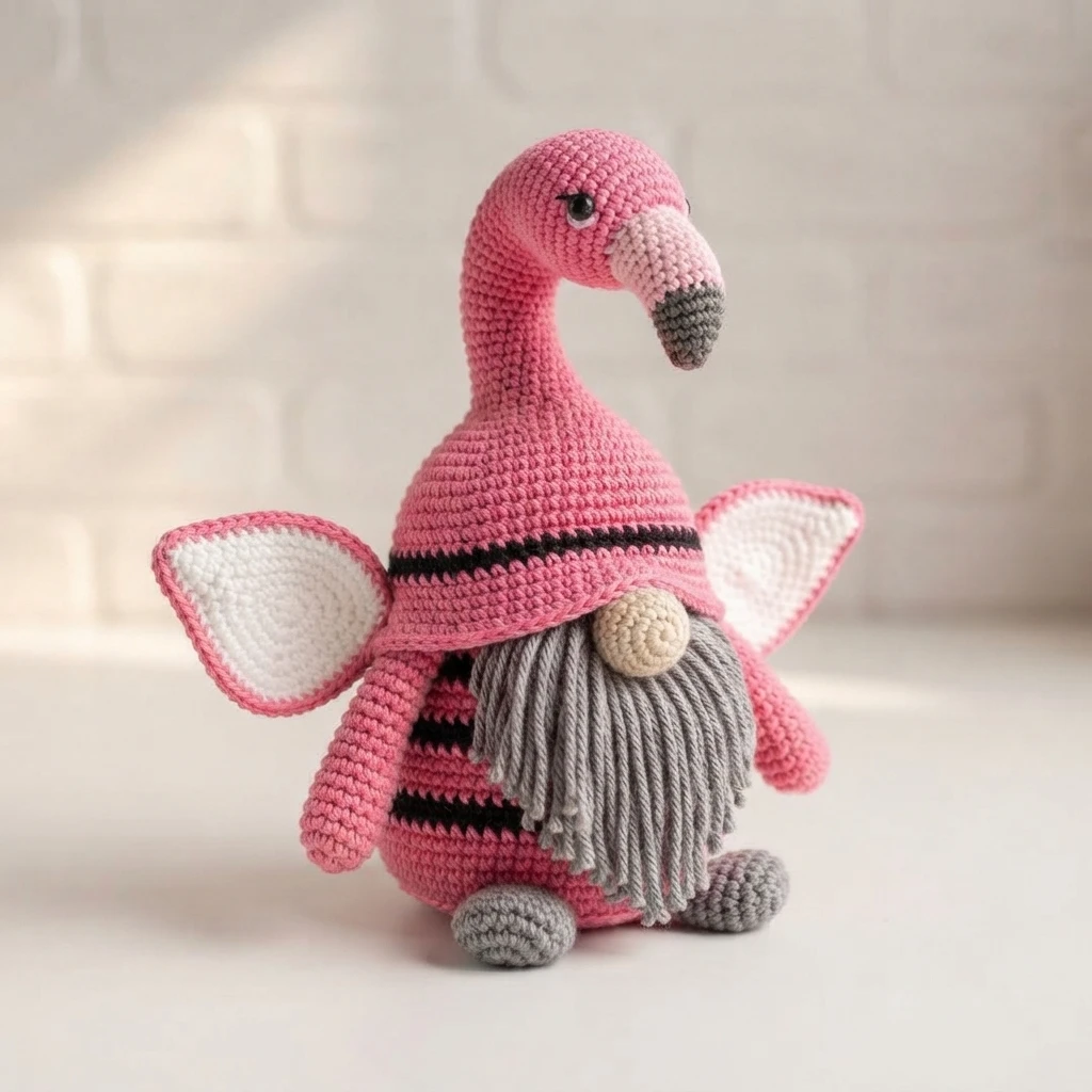 Crocheted gnome with a pink flamingo hat, long pink neck and beak, gray yarn beard, pink striped body, pink and white wings and gray feet, sitting on a pale surface in front of a white brick wall.