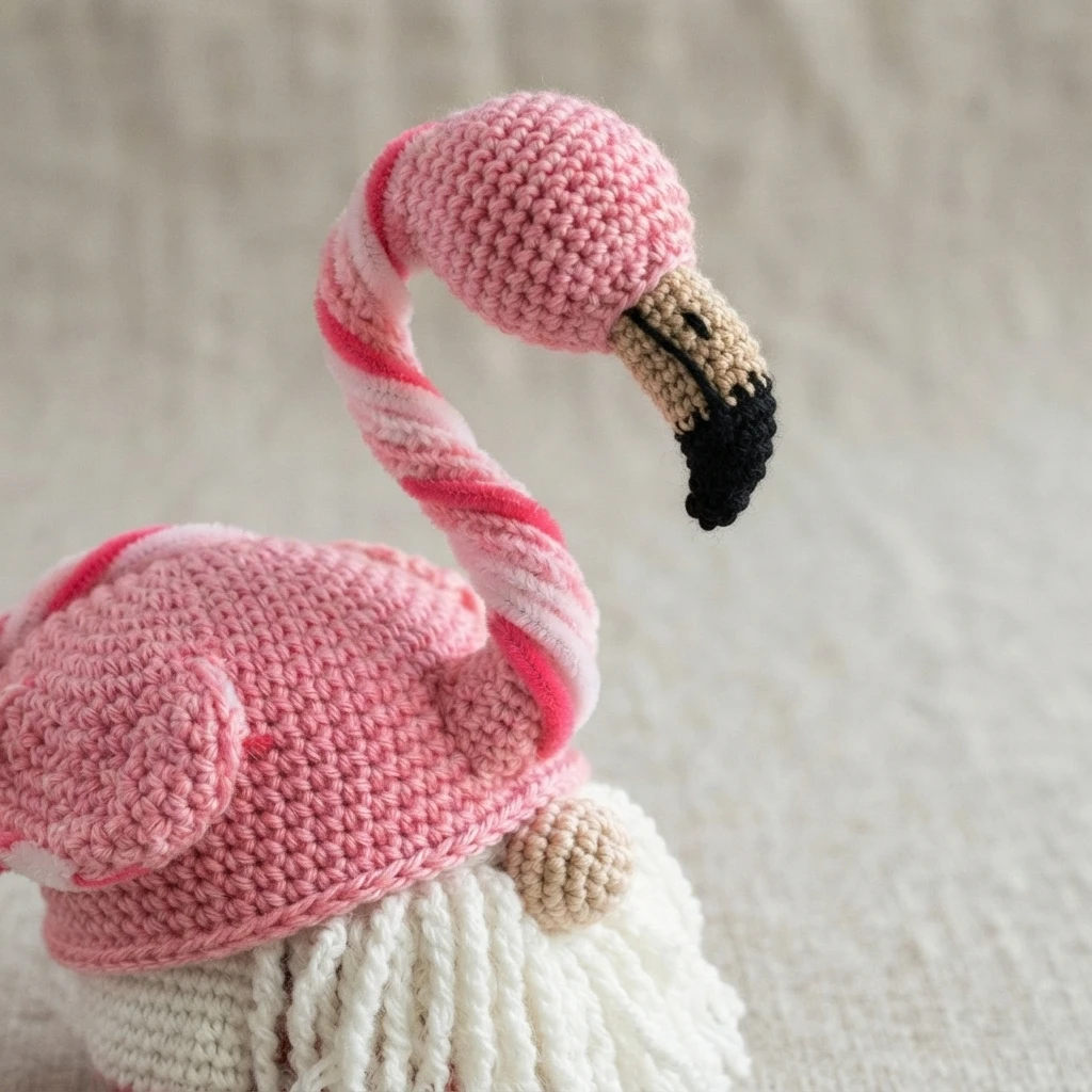 Crocheted pink flamingo head and neck with a black-tipped beak and a twisted pink and white striped neck, attached to a pink hat with a white yarn beard, photographed on a textured beige surface.