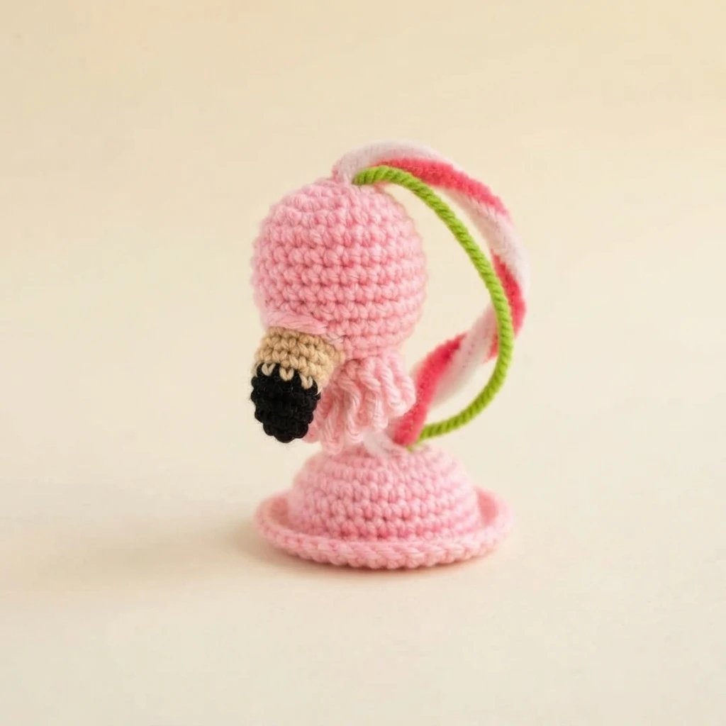 Crocheted pink flamingo head and neck in progress with a beige and black beak, resting on a pink crocheted dome, with green and pink twisted pipe cleaners forming a loop above it.