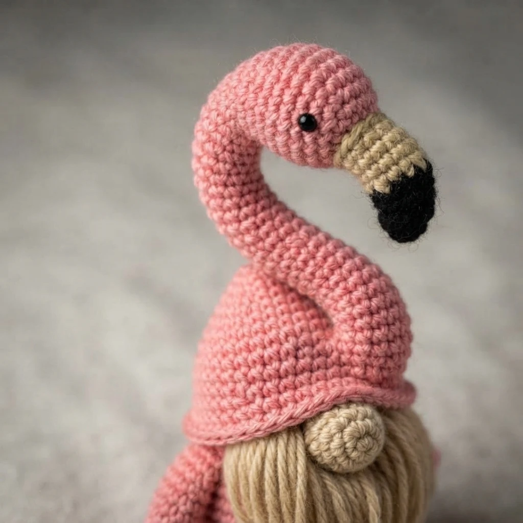 Close-up of a crocheted pink flamingo head and curved neck with a beige and black beak and a small black bead eye, above a beige crocheted beard and nose section, photographed against a soft blurred gray background.
