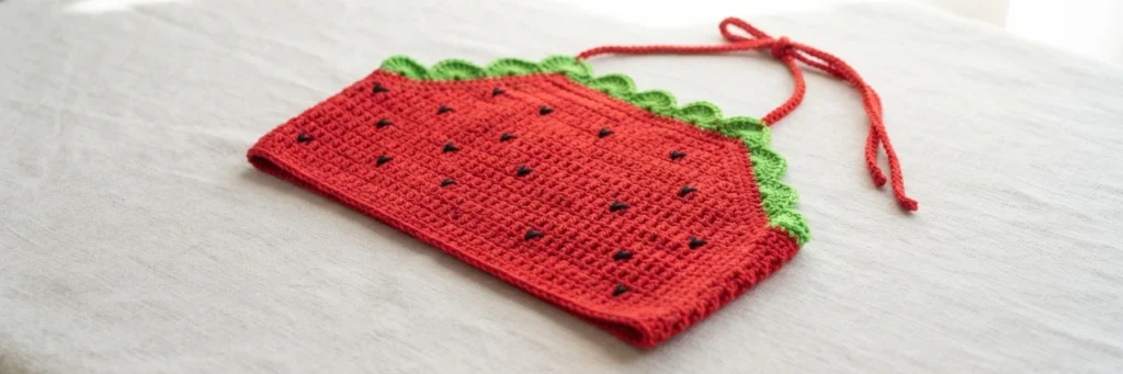 Flat lay of a finished red crochet strawberry halter top with black embroidered seeds, green scalloped trim and long red tie straps, on white fabric.
