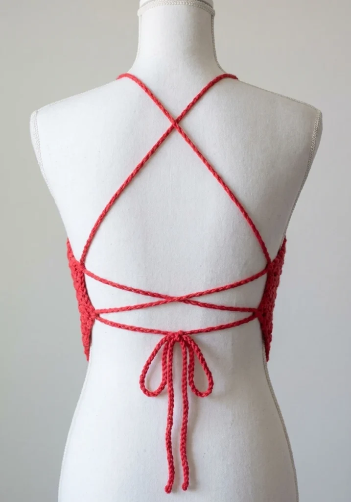 Back view of a red crochet halter top with crisscross tie straps, shown on a white dress form