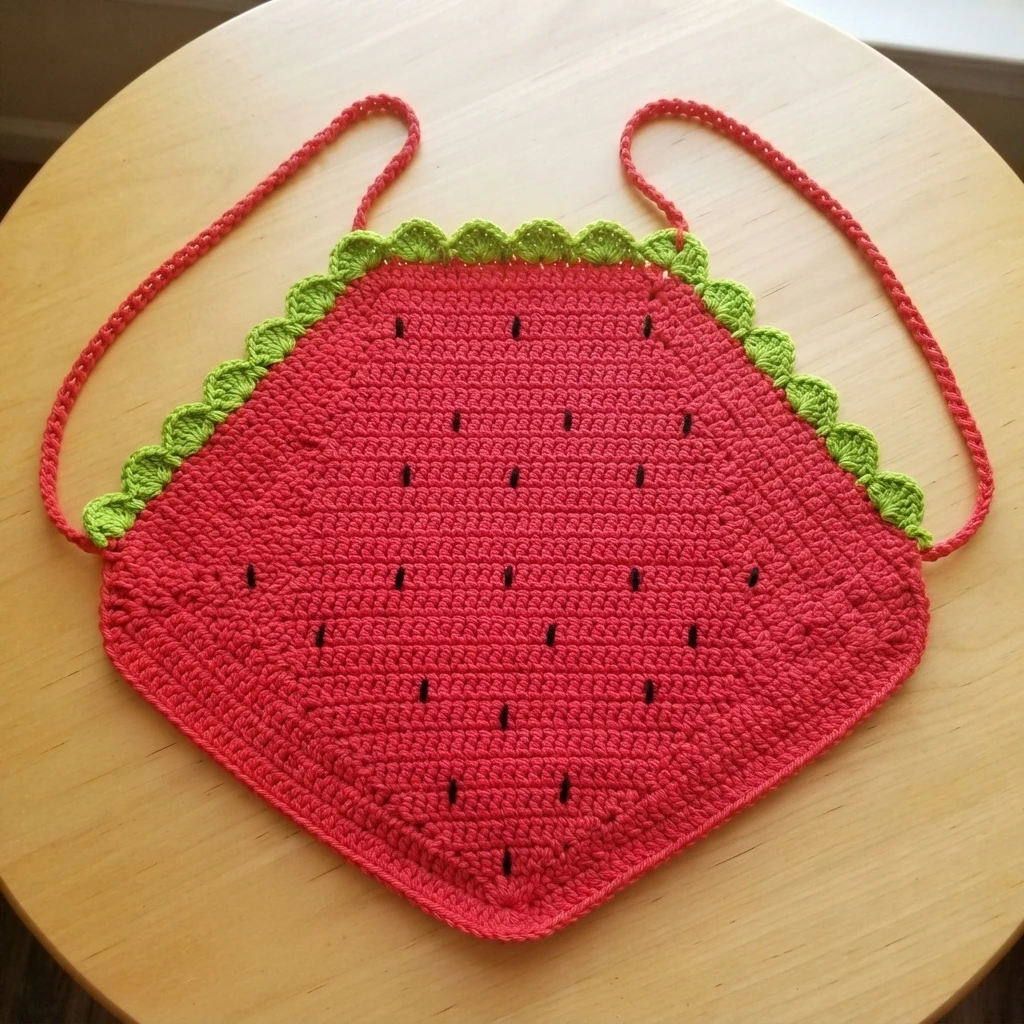 Red crochet halter top with green scalloped trim, small black seed stitches and two long red straps, laid flat on a round light wooden table.