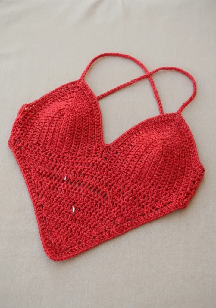 Red crochet halter top with crossed straps laid flat on a light background