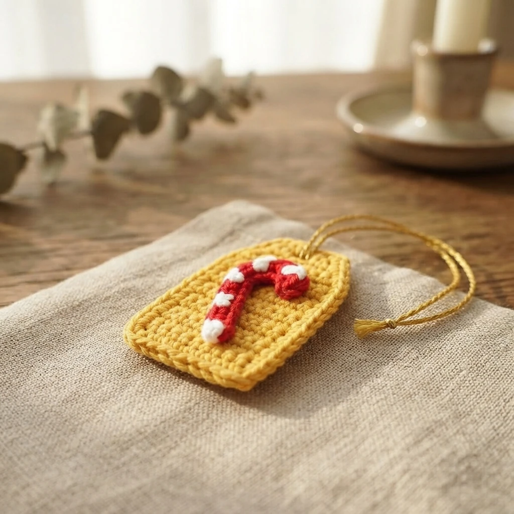 A red-and-white crocheted candy cane applique on a yellow crochet gift tag with a gold cord, resting on beige fabric.