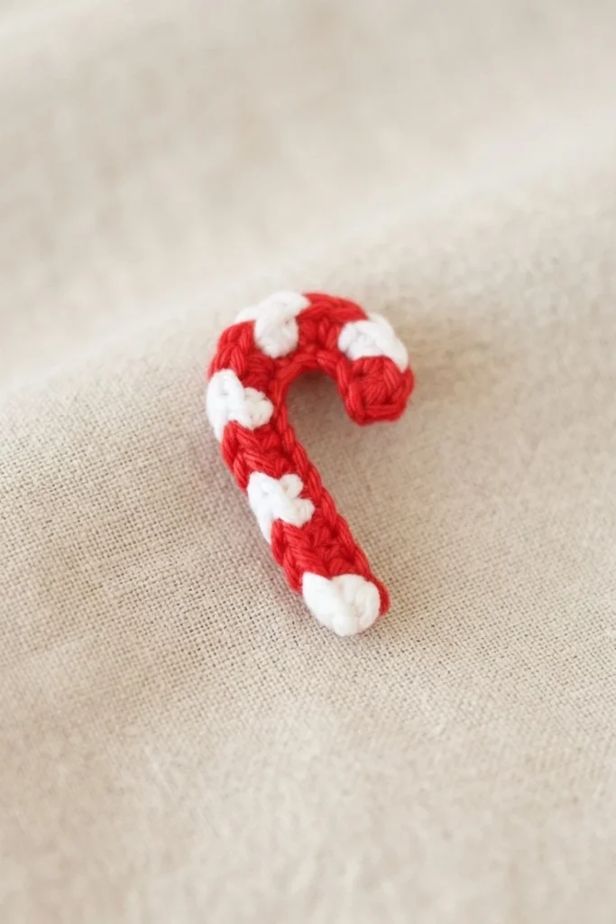 A small red-and-white crocheted candy cane resting on beige fabric.