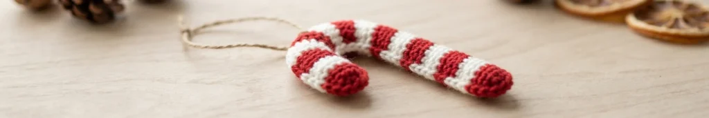 A red and white crocheted candy cane ornament lies on a light wooden surface.