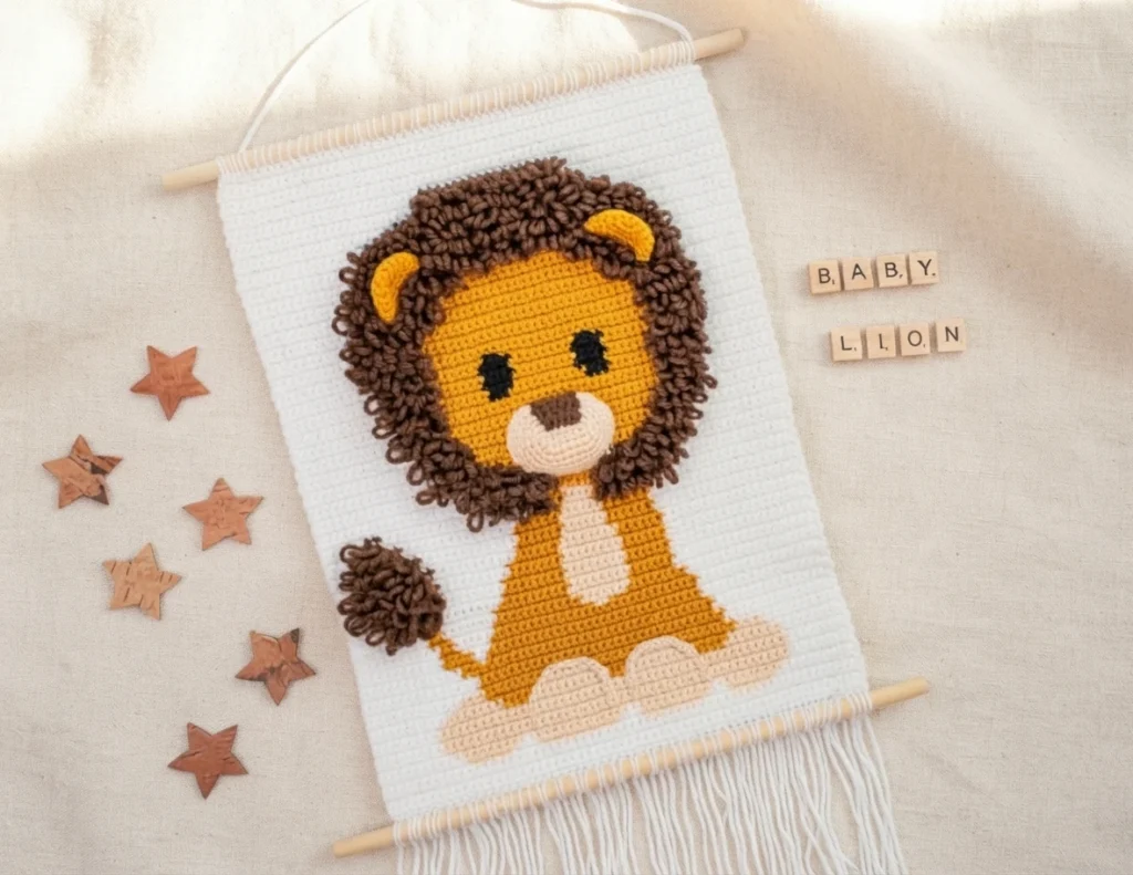 Tenture murale au crochet représentant un lion jaune à crinière brune, suspendue à deux baguettes en bois et entourée d’étoiles décoratives.
