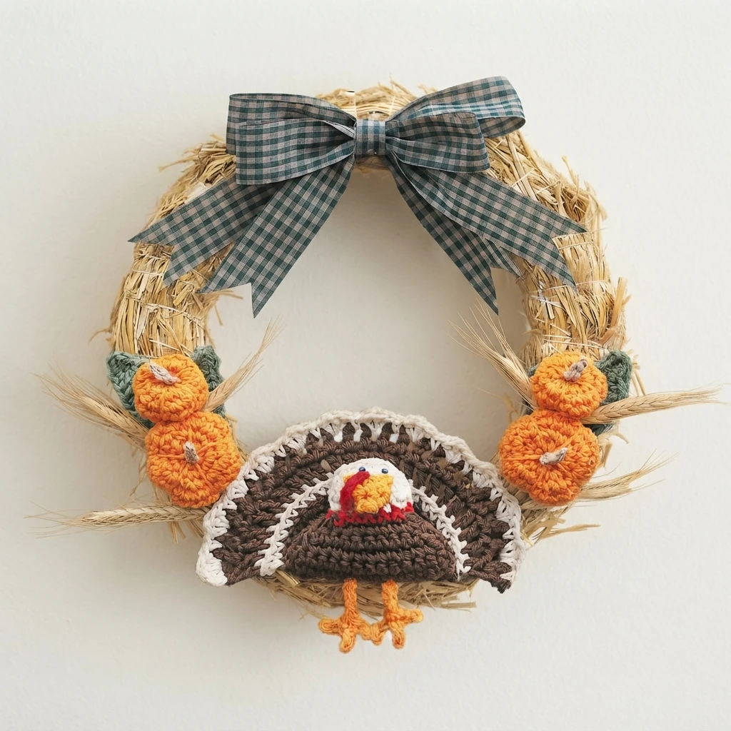 Straw wreath decorated with a green plaid bow at the top, two pairs of crocheted orange pumpkins on the sides and a crocheted turkey with a white head, red wattle, brown body, white scalloped edging and orange feet at the center, shown agai