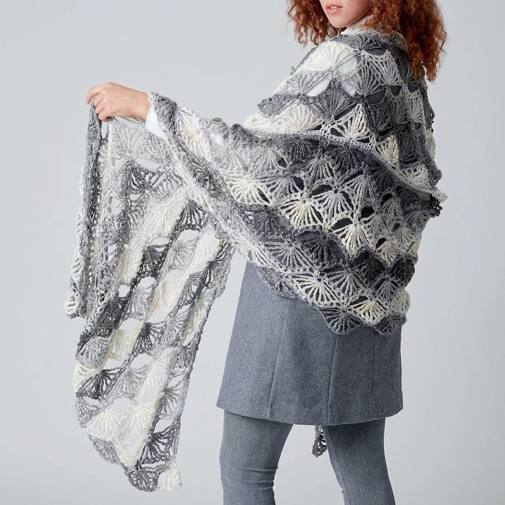 Model with curly reddish hair seen from behind, wearing a lacy crocheted shawl with gray and cream fan shell motifs over a gray skirt and leggings, holding one edge of the shawl out to the side against a light gray background.