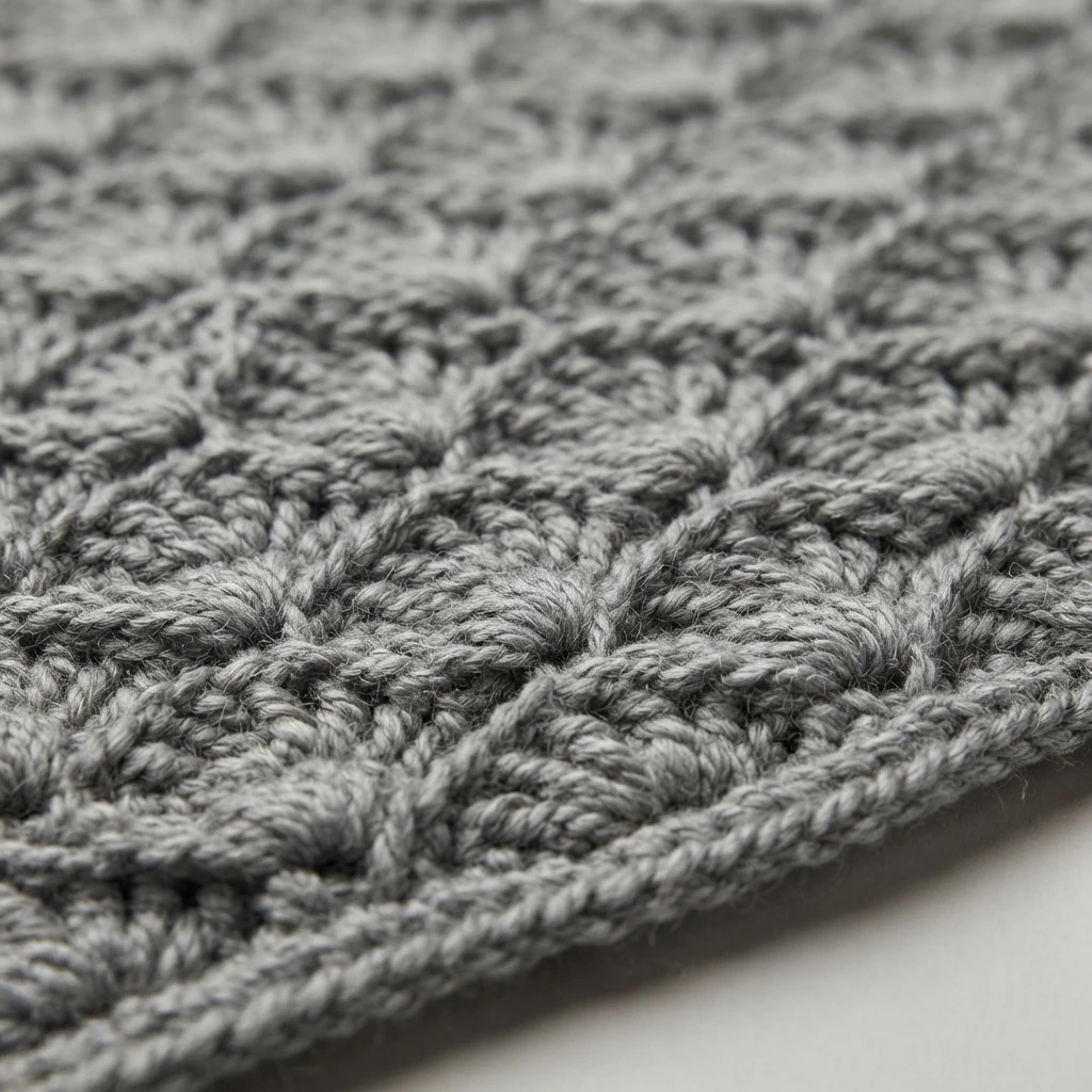 Close-up of gray crocheted fabric with a repeating shell and fan stitch texture and a softly curved edge along the bottom right.