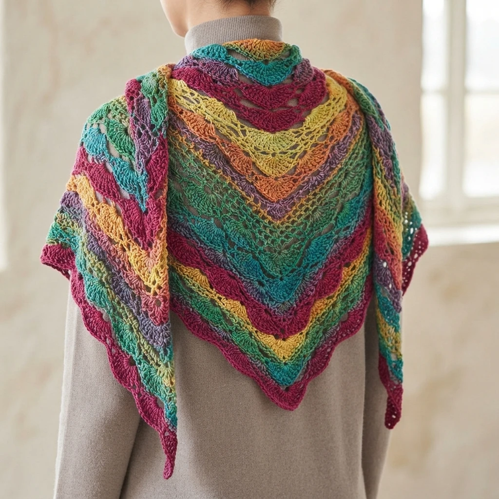 Person seen from behind wearing a finished crocheted triangular shawl with multicolored zigzag stripes and lacy shell motifs, over a grey sweater, in a bright room.