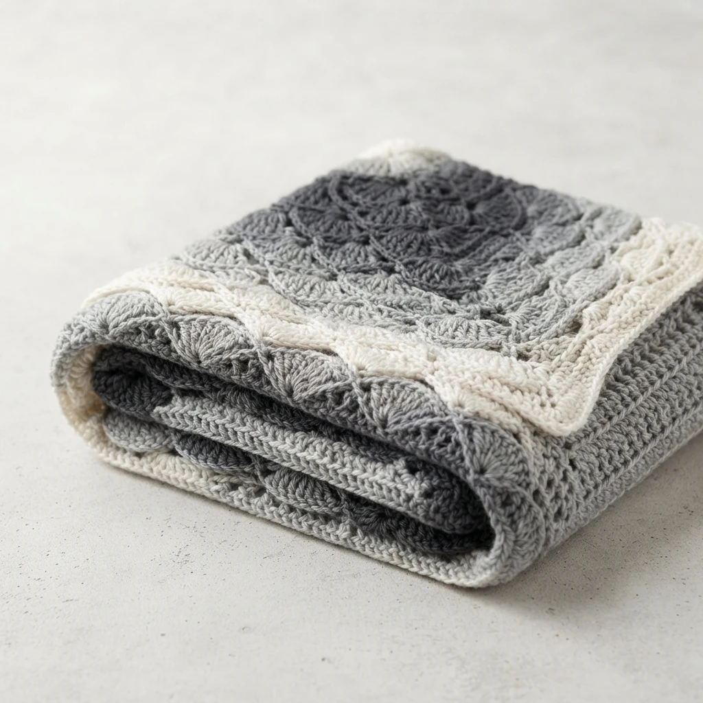 Folded gray and cream crocheted piece with textured shell stitch and a cream border, resting on a light gray surface.