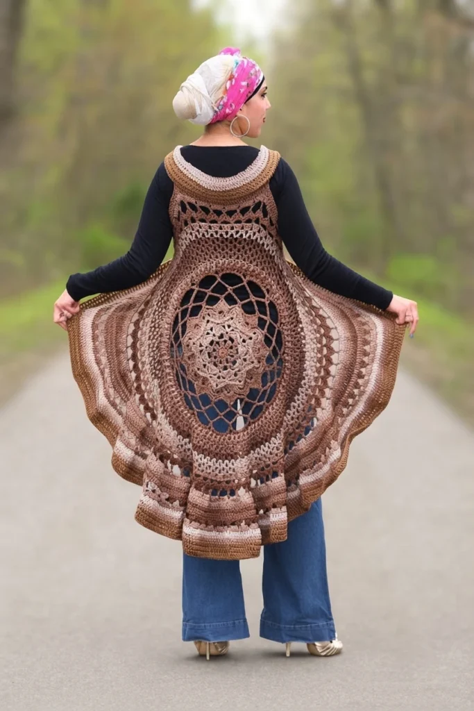 Woman seen from behind wearing a long brown crochet mandala vest over a black top and jeans outdoors