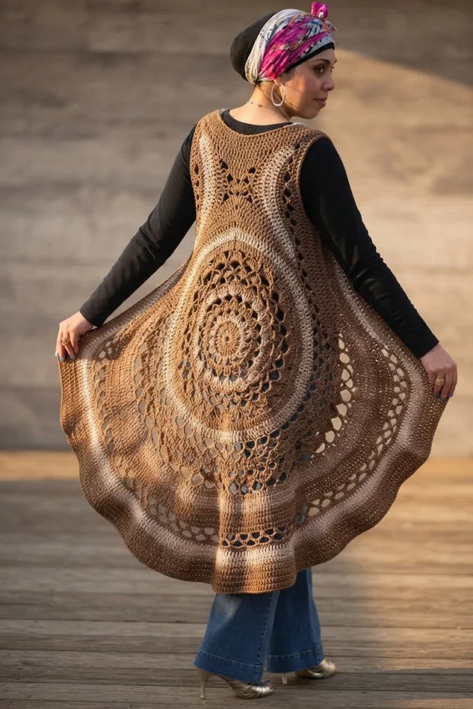 Woman seen from behind holding open a long brown crocheted mandala vest with circular openwork centre, worn over a black top and blue jeans.