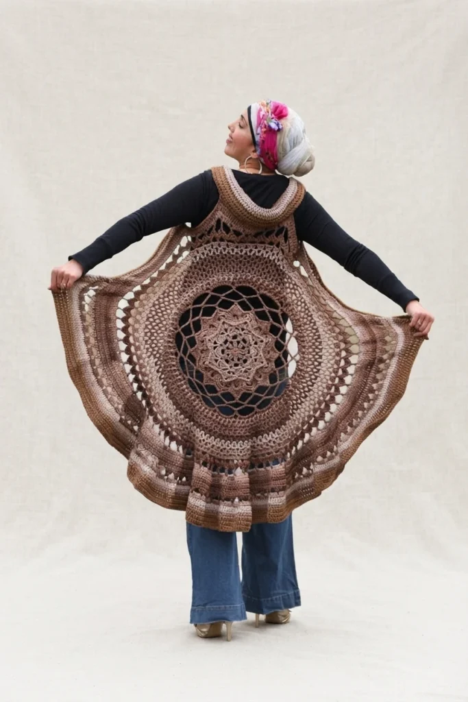 Woman seen from behind holding open a brown crocheted mandala vest over a black top and blue jeans