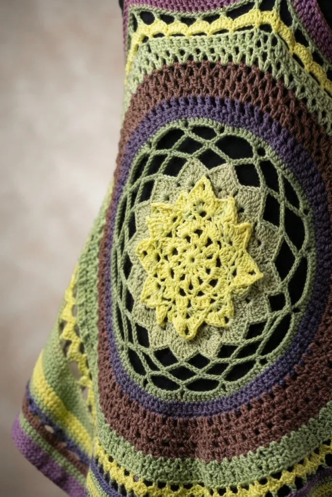 Close-up of the back of a crocheted mandala vest with a yellow star-shaped center surrounded by green, brown and purple openwork rings