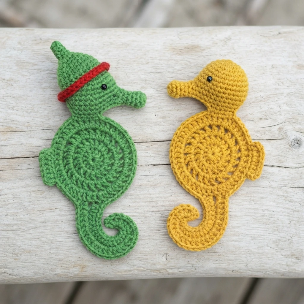 Two crocheted seahorse appliques, one green with a red band and one mustard yellow, lying side by side on a light wooden surface.