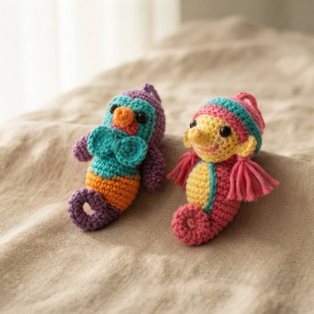 Two small crocheted seahorses, one in teal, purple and orange and one in yellow, pink and teal, resting on beige fabric.