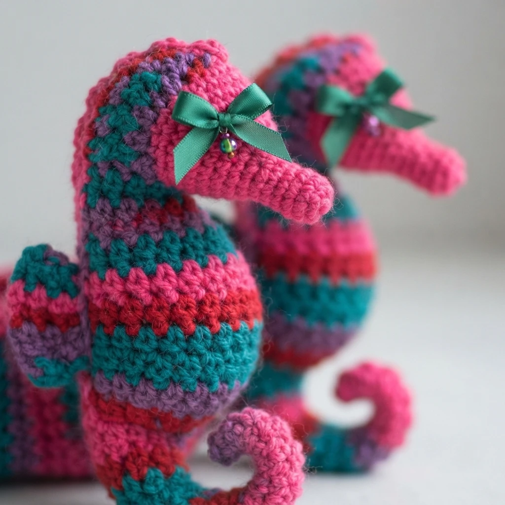 Two crocheted seahorses in pink, teal, red and purple stripes, each with a small green bow.