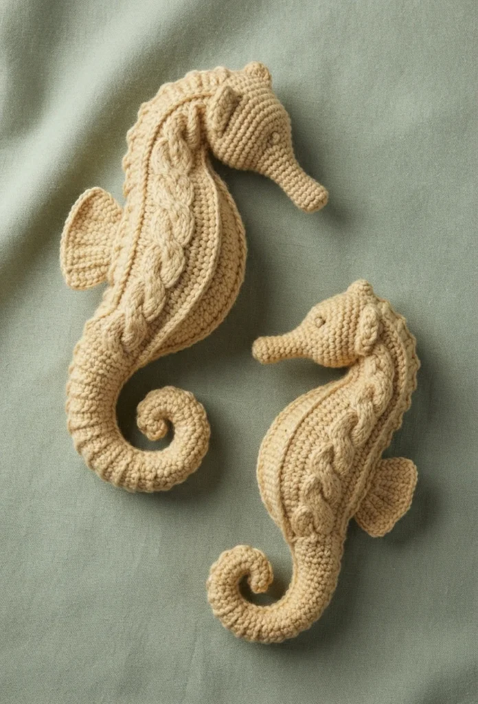 Two beige crocheted seahorses with curled tails on sage green fabric.