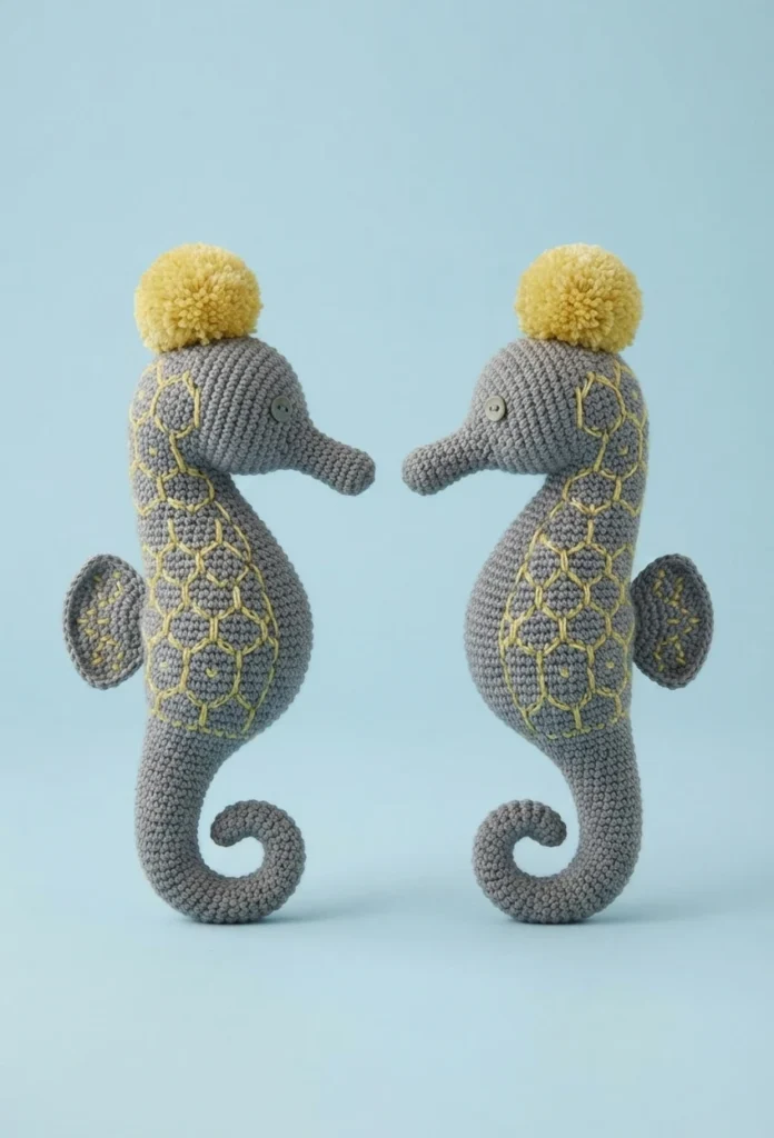 Two grey crochet seahorse toys with yellow pom-poms and button eyes, facing each other on a pale blue background.