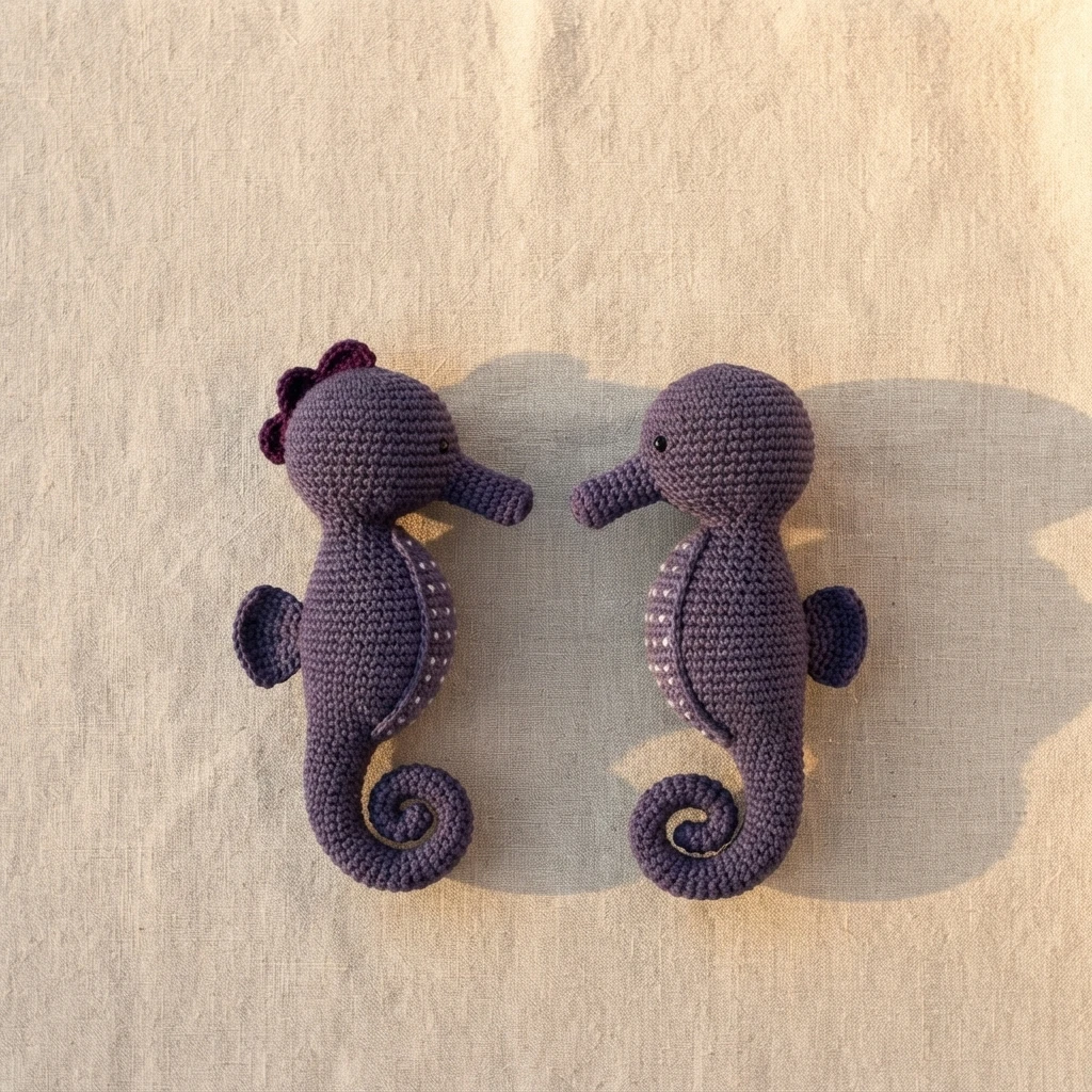 Two dark purple crocheted seahorses facing each other on beige linen fabric.