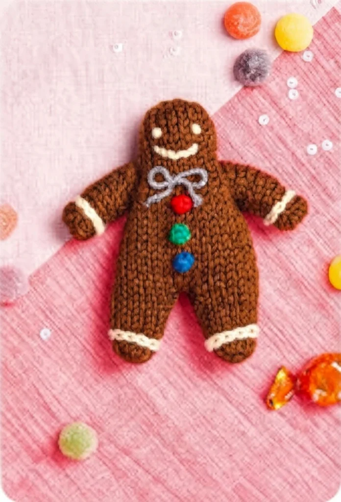 Brown knitted gingerbread man toy with grey bow and red, green and blue buttons on pink fabric with candies.