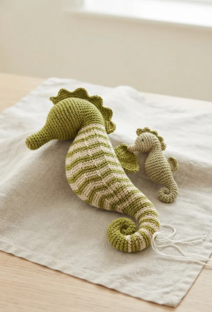 Two crocheted seahorses on a linen cloth, a large green and cream striped one beside a small beige one.