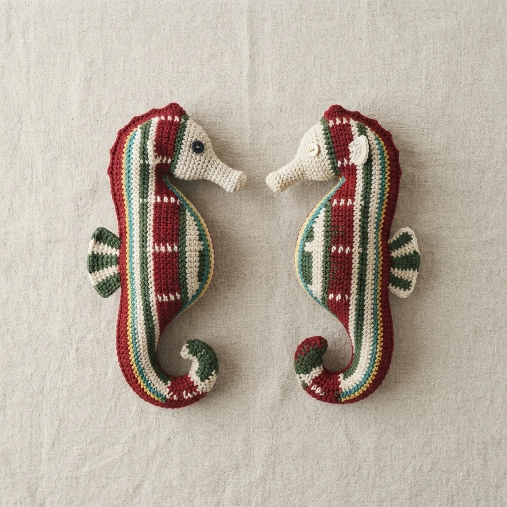 Two crocheted seahorses facing each other on light fabric, with red, green, cream and teal stripes.